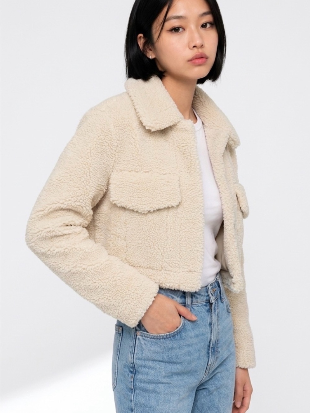 Zara Cream Teddy Cropped Jacket with Flap Pockets